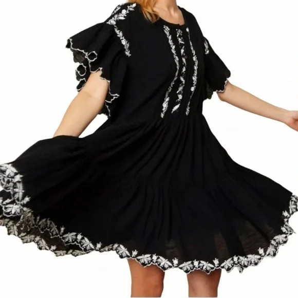 Free People Santiago Embroidered Mini Dress black cotton gauze white floral S - Picture 1 of 7